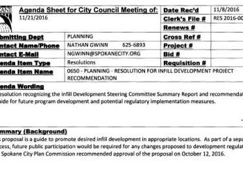 City of Spokane Resolution for Infill Development Project Recommendation - RES 2016-0094