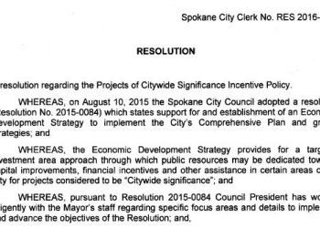 City of Spokane Resolution regarding Citywide Significance Incentive Policy - RES 2016-0036